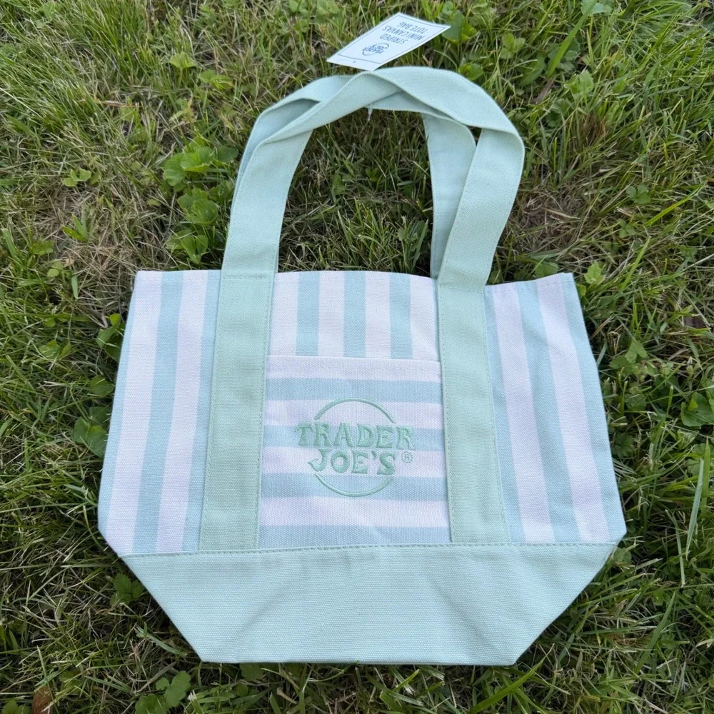 Trader Joes Mini Canvas‎ Tote Bag Mint Green White Striped Limited Edition NWT
